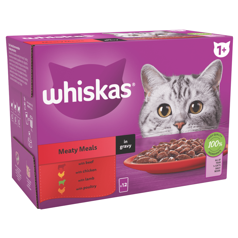 Whiskas 1+ Meaty Meals in Gravy Adult Wet Cat Food Pouches, Whiskas, 48 x 85g