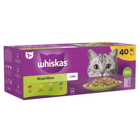 Whiskas 1+ Mixed Menu Adult Wet Cat Food Pouches in Jelly, Whiskas, 40 x 85g