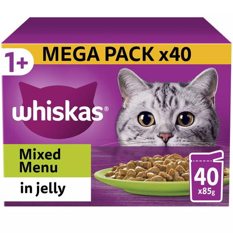 Whiskas 1+ Mixed Menu Adult Wet Cat Food Pouches in Jelly, Whiskas, 40 x 85g