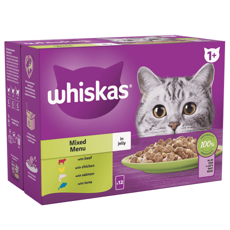 Whiskas 1+ Mixed Menu Adult Wet Cat Food Pouches in Jelly, Whiskas, 48 x 85g