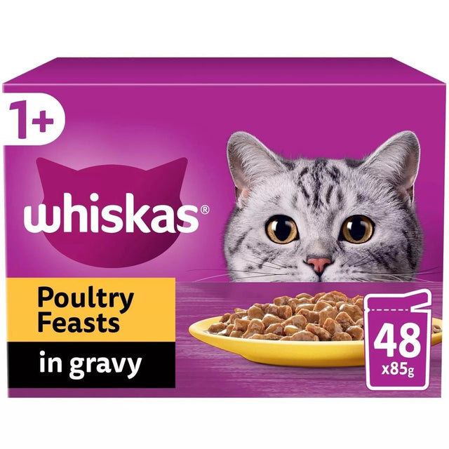 Whiskas 1+ Poultry Feasts Adult Wet Cat Food Pouches in Gravy - 48 x 85g, Whiskas,