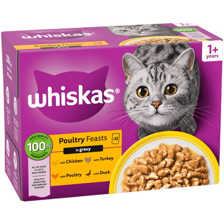 Whiskas 1+ Poultry Feasts Adult Wet Cat Food Pouches in Gravy - 48 x 85g, Whiskas,