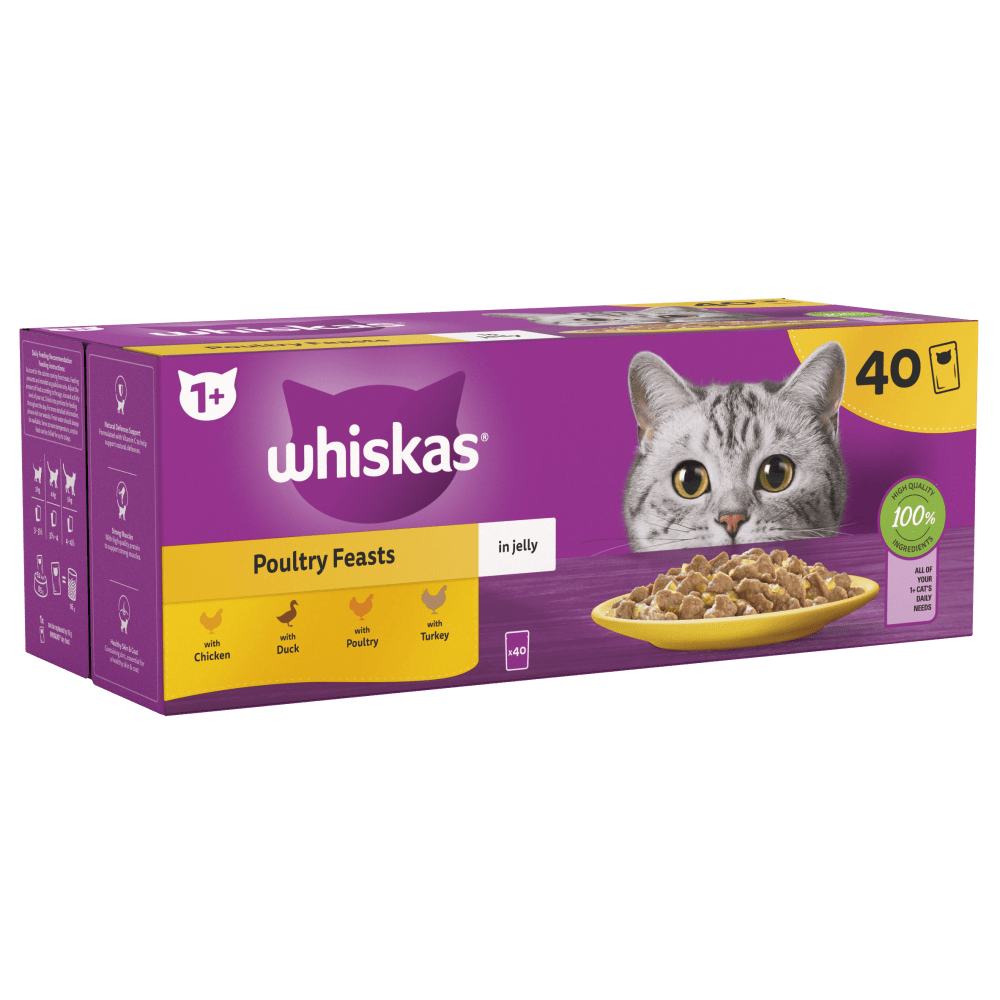 Whiskas 1+ Poultry Feasts in Jelly Adult Wet Cat Food Pouch, Whiskas, 40 x 85g