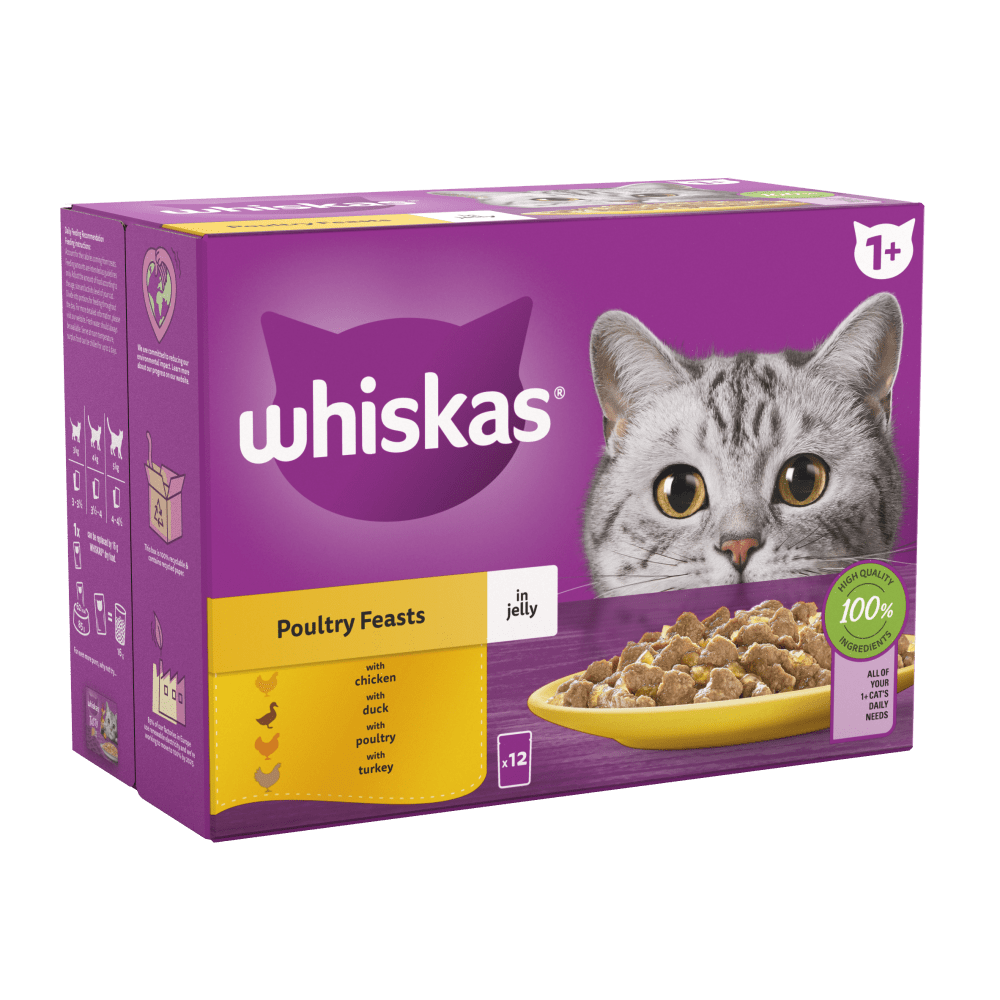 Whiskas 1+ Poultry Feasts in Jelly Adult Wet Cat Food Pouch, Whiskas, 48 x 85g