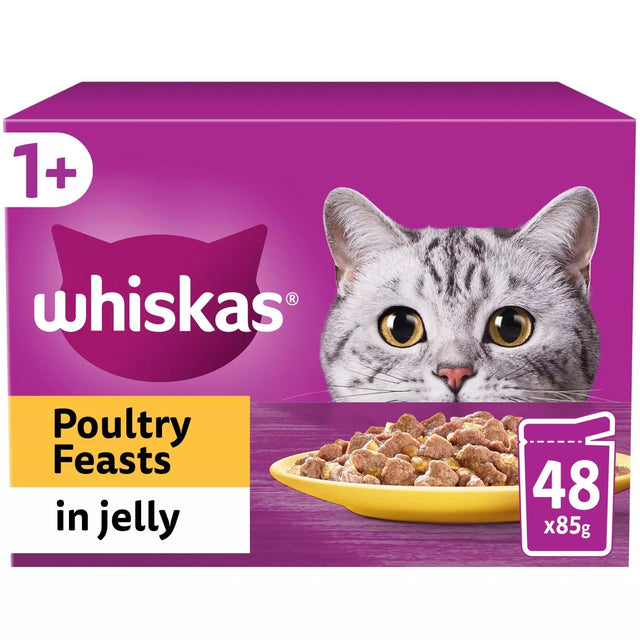 Whiskas 1+ Poultry Feasts in Jelly Adult Wet Cat Food Pouch, Whiskas, 48 x 85g