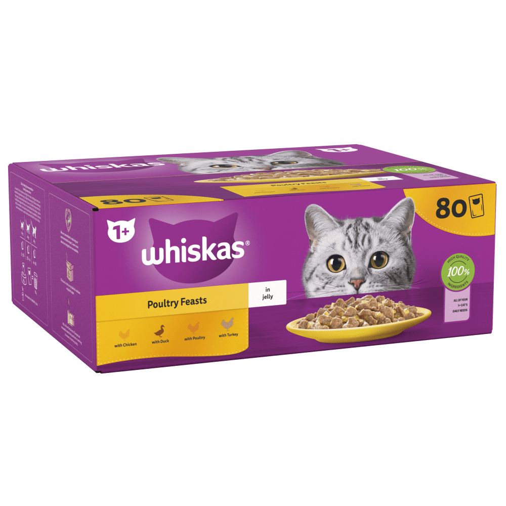 Whiskas 1+ Poultry Feasts in Jelly Adult Wet Cat Food Pouch, Whiskas, 80 x 85g