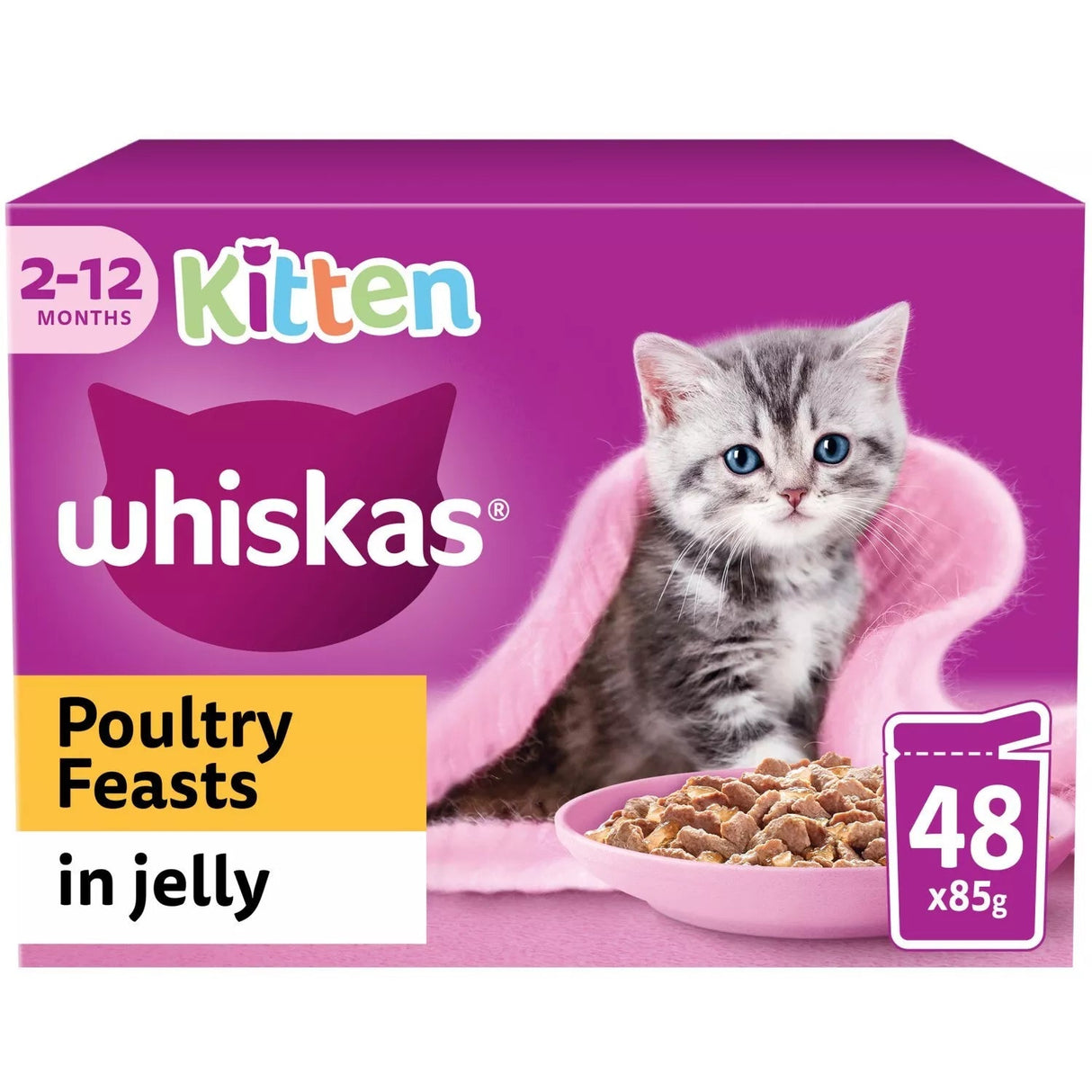 Whiskas Kitten 2 - 12 month Poultry Feasts in Jelly Pouches, Whiskas, 4x (12x85g)