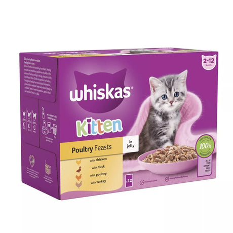 Whiskas Kitten 2 - 12 month Poultry Feasts in Jelly Pouches, Whiskas, 4x (12x85g)