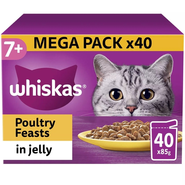 Whiskas Senior 7+ Poultry Feasts Wet Cat Food Pouches in Jelly, Whiskas, 40 x 85g