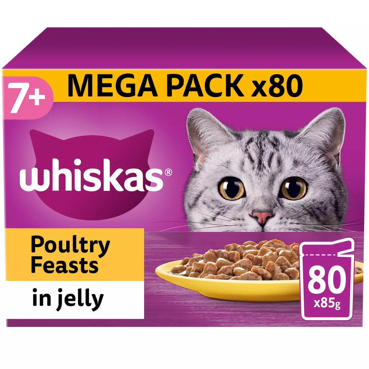 Whiskas Senior 7+ Poultry Feasts Wet Cat Food Pouches in Jelly, Whiskas, 80 x 85g