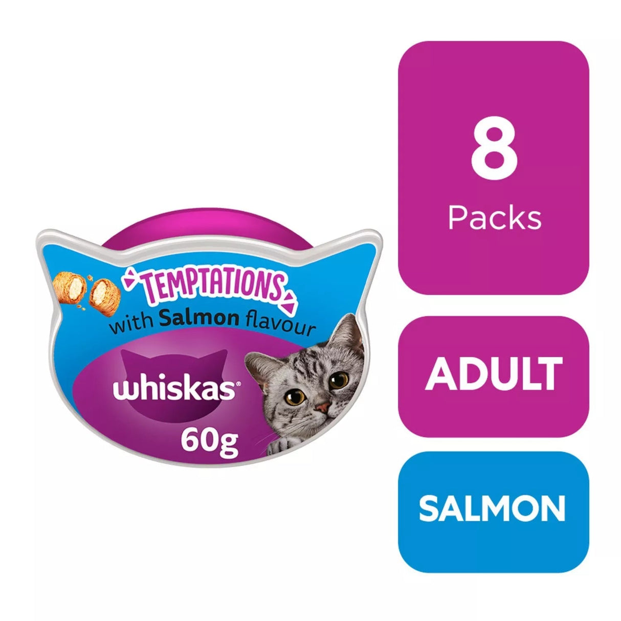 Whiskas Temptations with Salmon Adult Cat Treats - 8 x 60g, Whiskas,