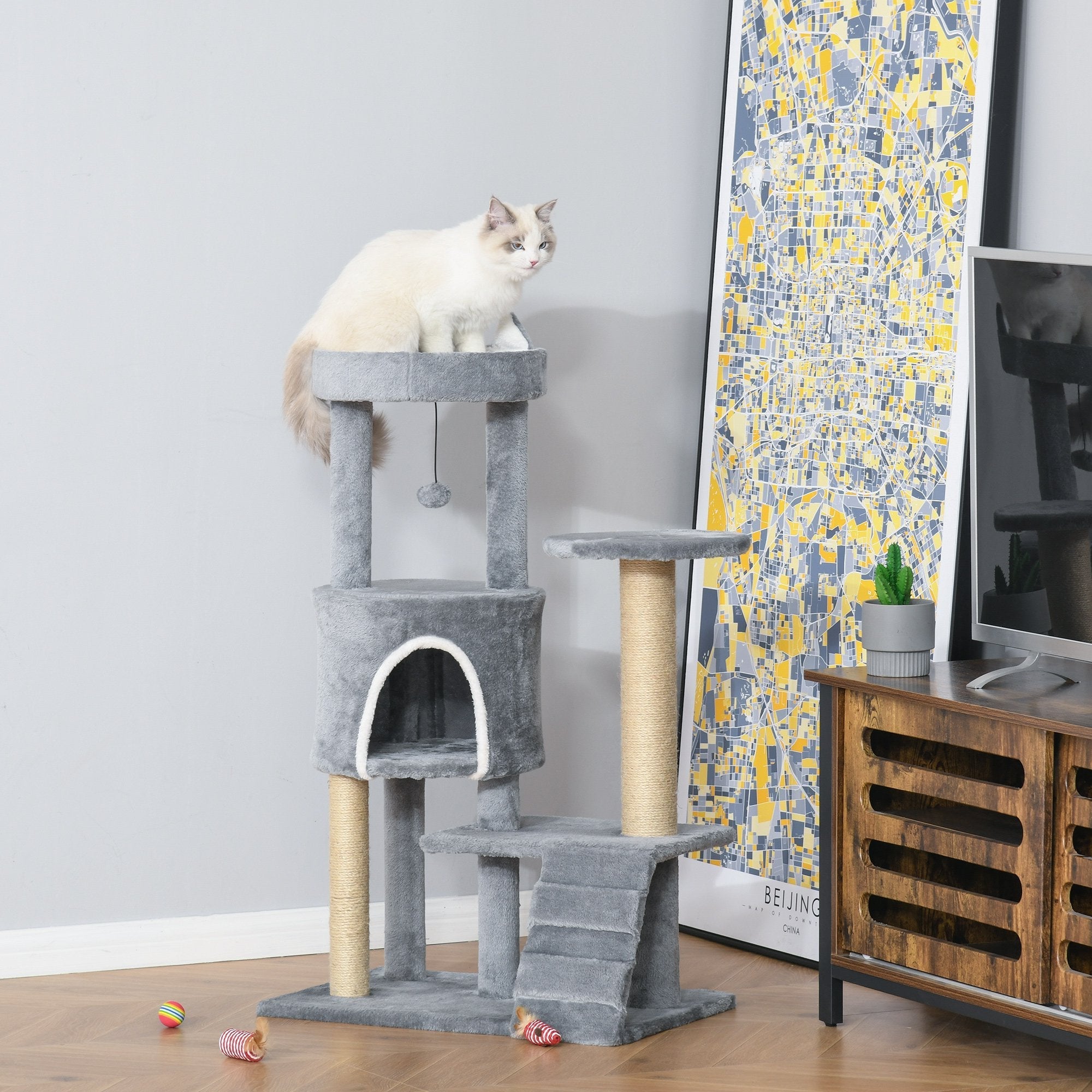 100 cm Cat Tree, Cat Condo Tree Tower for Indoor Cats, Cat Activity Centre with Scratching Posts, Plush Perch, Ladder, Hanging Ball - Light Grey, PawHut,