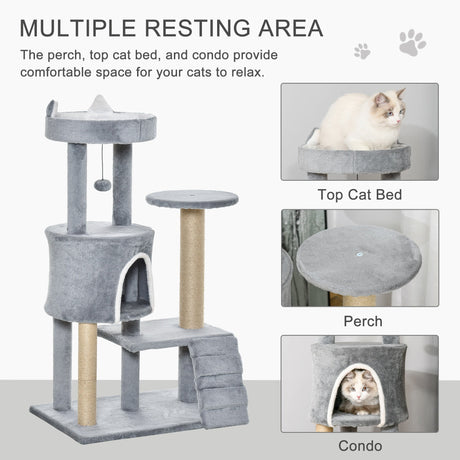 100 cm Cat Tree, Cat Condo Tree Tower for Indoor Cats, Cat Activity Centre with Scratching Posts, Plush Perch, Ladder, Hanging Ball - Light Grey, PawHut,