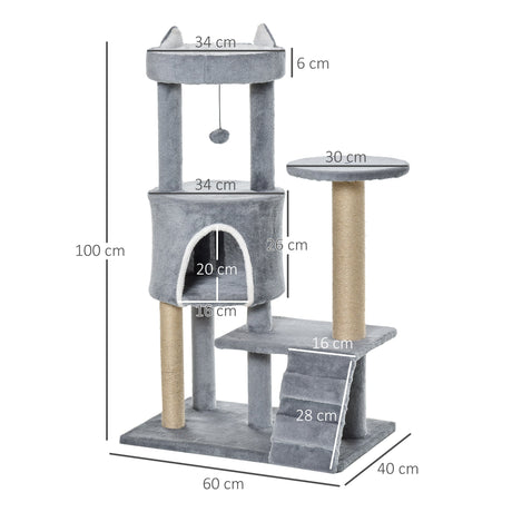 100 cm Cat Tree, Cat Condo Tree Tower for Indoor Cats, Cat Activity Centre with Scratching Posts, Plush Perch, Ladder, Hanging Ball - Light Grey, PawHut,