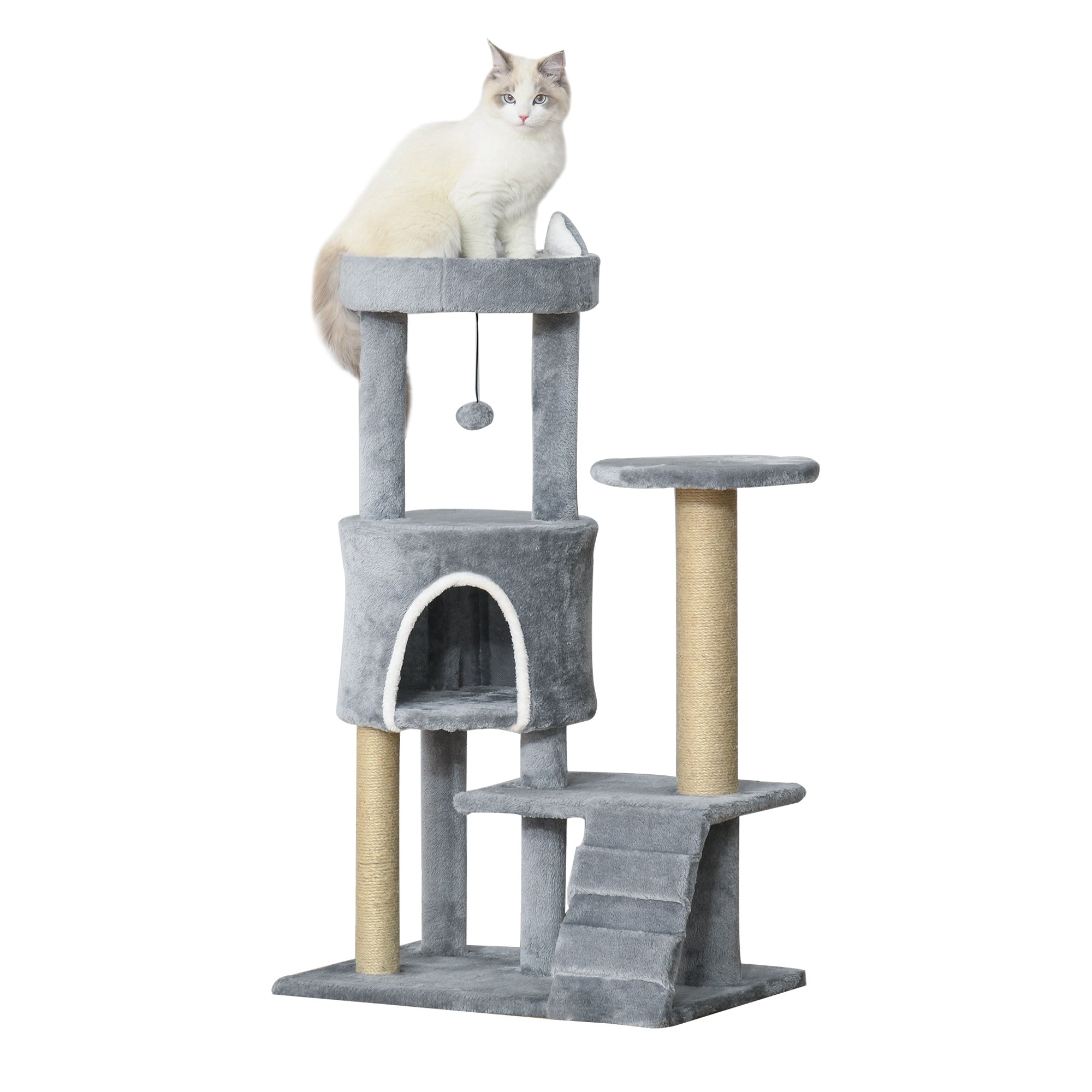 100 cm Cat Tree, Cat Condo Tree Tower for Indoor Cats, Cat Activity Centre with Scratching Posts, Plush Perch, Ladder, Hanging Ball - Light Grey, PawHut,