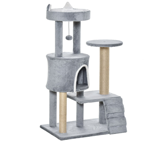 100 cm Cat Tree, Cat Condo Tree Tower for Indoor Cats, Cat Activity Centre with Scratching Posts, Plush Perch, Ladder, Hanging Ball - Light Grey, PawHut,