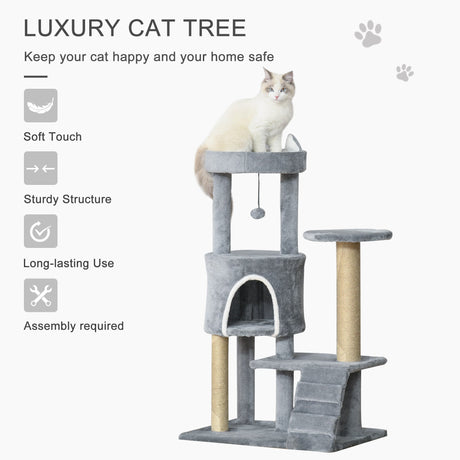 100 cm Cat Tree, Cat Condo Tree Tower for Indoor Cats, Cat Activity Centre with Scratching Posts, Plush Perch, Ladder, Hanging Ball - Light Grey, PawHut,