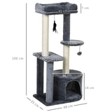 100cm Cat Tree for Indoor Cats, Cat Tower Condo for Kittens with Cat House Sisal Scratching Posts, Hanging Ball Toys, Perches - Grey, PawHut,