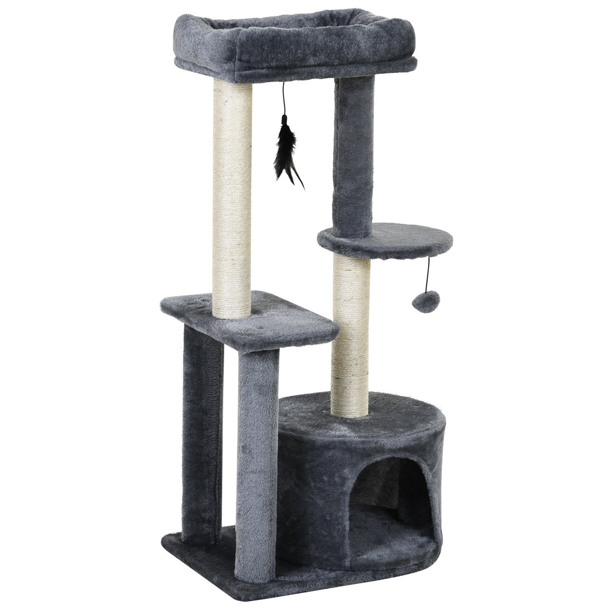 100cm Cat Tree for Indoor Cats, Cat Tower Condo for Kittens with Cat House Sisal Scratching Posts, Hanging Ball Toys, Perches - Grey, PawHut,