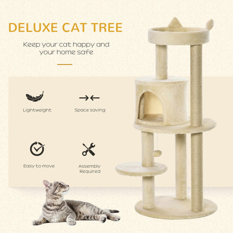 104cm Cat Tree Tower with Condo, Perch & Scratch Posts, PawHut, Beige