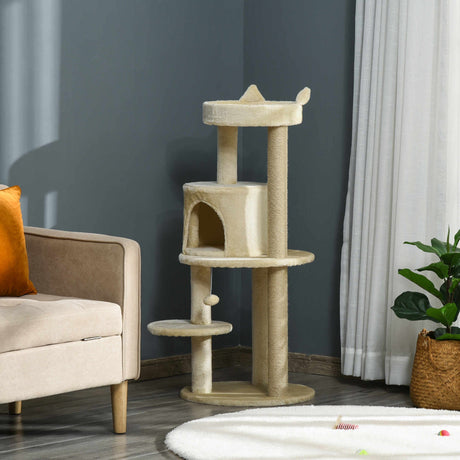 104cm Cat Tree Tower with Condo, Perch & Scratch Posts, PawHut, Beige