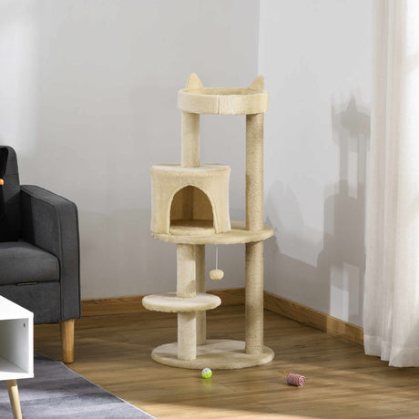 104cm Cat Tree Tower with Condo, Perch & Scratch Posts, PawHut, Beige