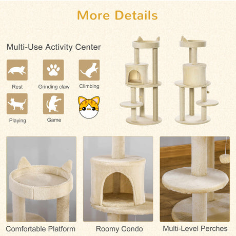 104cm Cat Tree Tower with Condo, Perch & Scratch Posts, PawHut, Beige