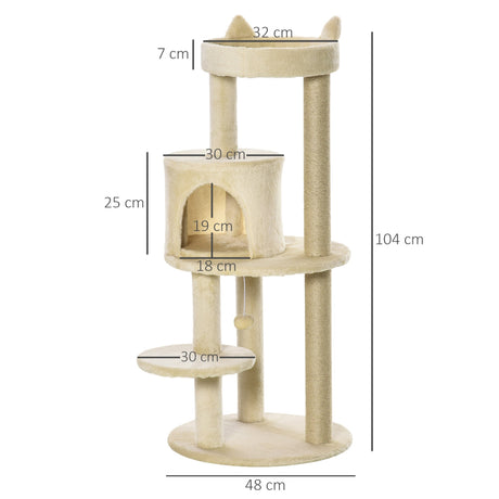 104cm Cat Tree Tower with Condo, Perch & Scratch Posts, PawHut, Beige