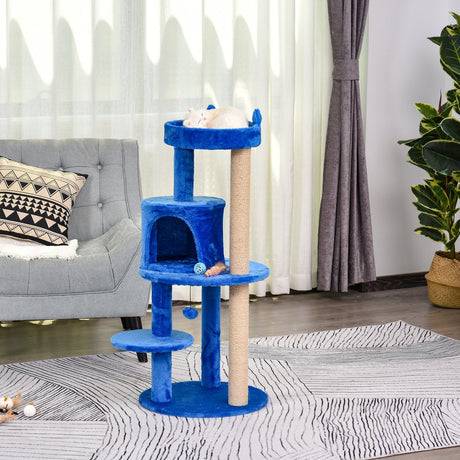 104cm Cat Tree Tower with Condo, Perch & Scratch Posts, PawHut, Blue