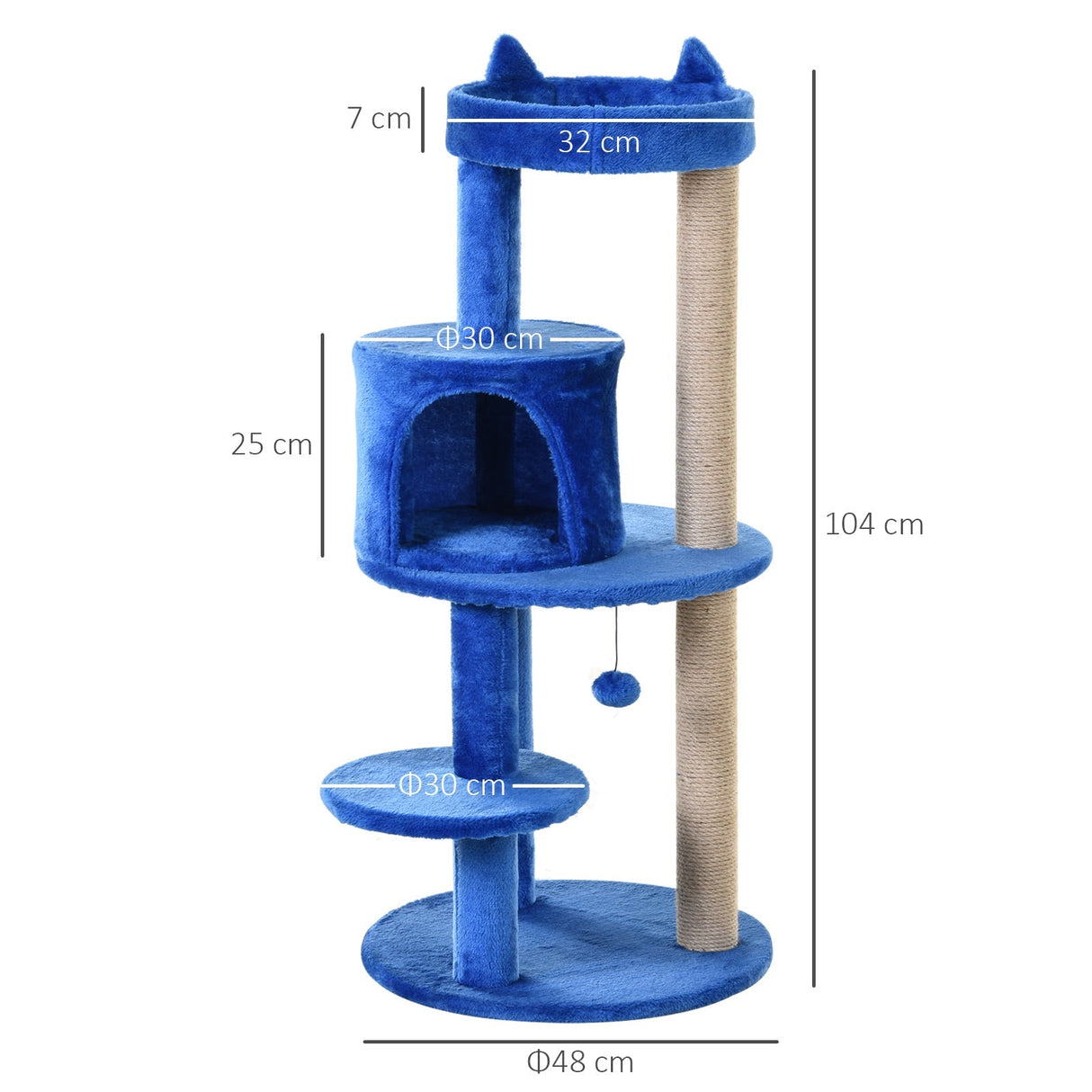 104cm Cat Tree Tower with Condo, Perch & Scratch Posts, PawHut, Blue