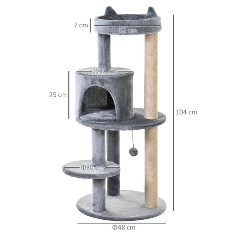 104cm Cat Tree Tower with Condo, Perch & Scratch Posts, PawHut, Grey