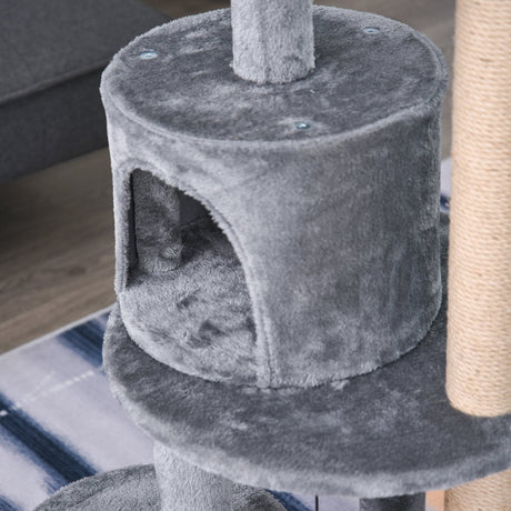 104cm Cat Tree Tower with Condo, Perch & Scratch Posts, PawHut, Grey