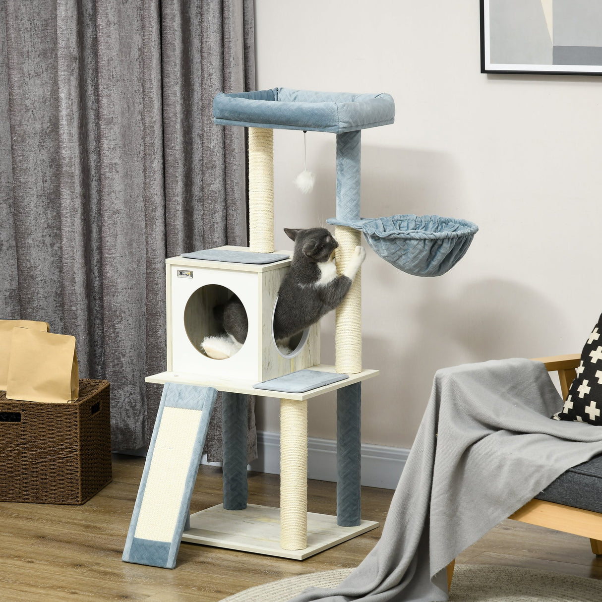 114cm Cat Tree for Indoor Cats, with Scratching Posts, hammock, Bed, House, PawHut,