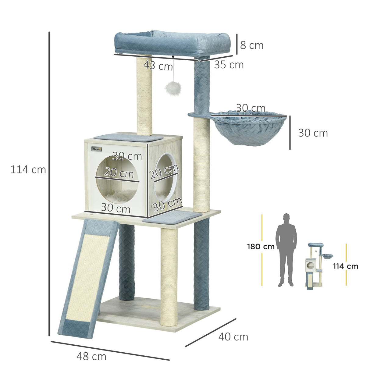 114cm Cat Tree for Indoor Cats, with Scratching Posts, hammock, Bed, House, PawHut,