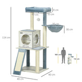 114cm Cat Tree for Indoor Cats, with Scratching Posts, hammock, Bed, House, PawHut,