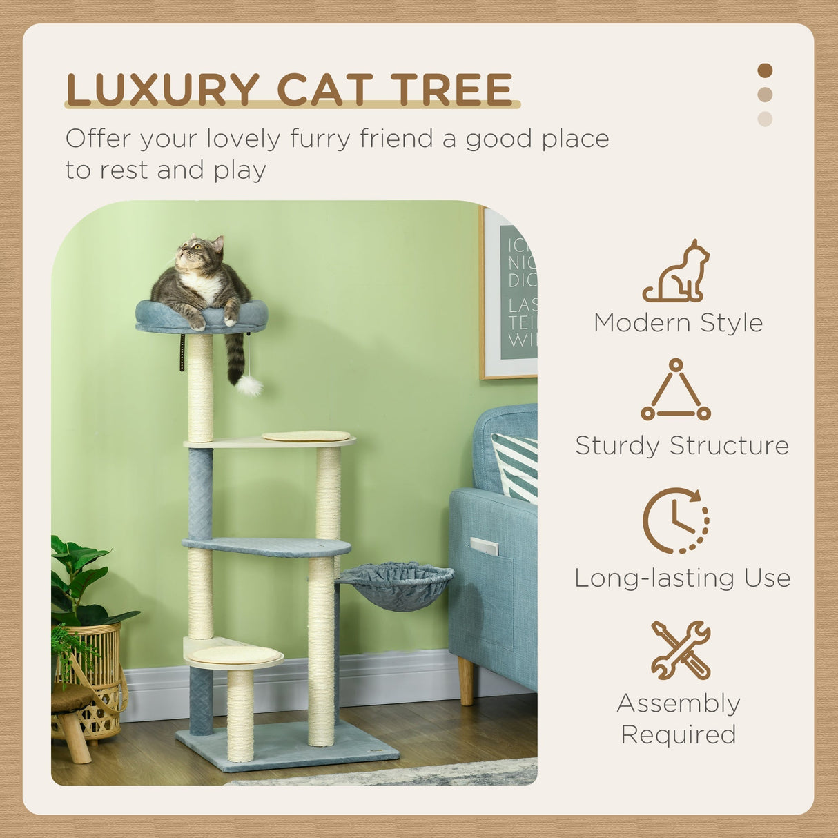 118.5cm Cat Tree Tower with Scratching Posts, Mats, Hammock, Bed, Toy Ball, PawHut,