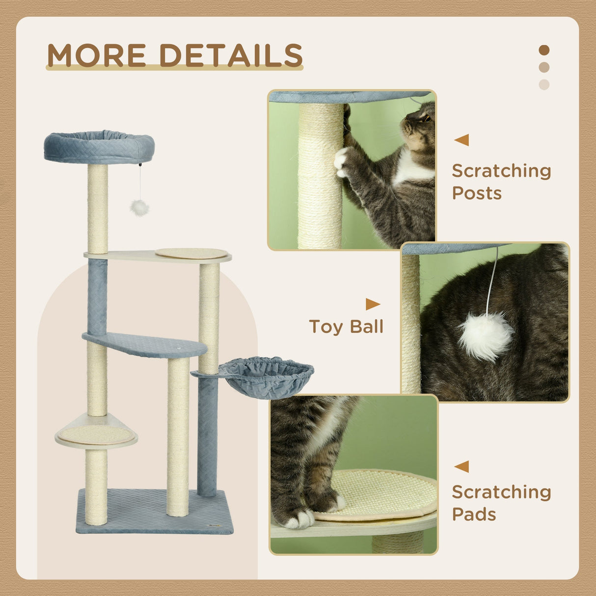 118.5cm Cat Tree Tower with Scratching Posts, Mats, Hammock, Bed, Toy Ball, PawHut,