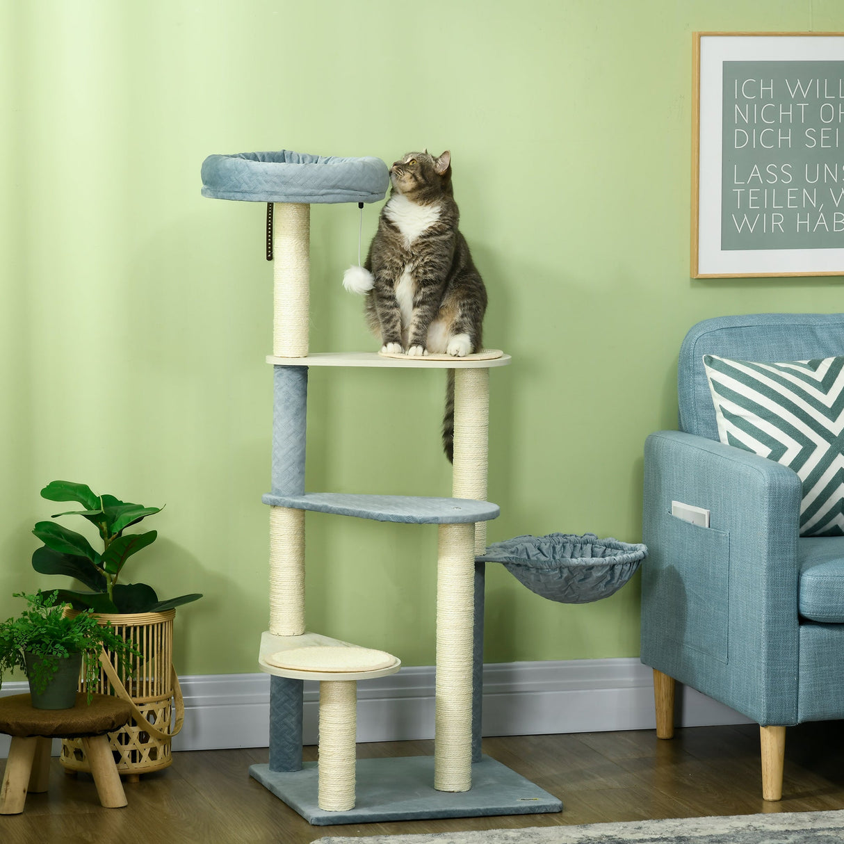 118.5cm Cat Tree Tower with Scratching Posts, Mats, Hammock, Bed, Toy Ball, PawHut,