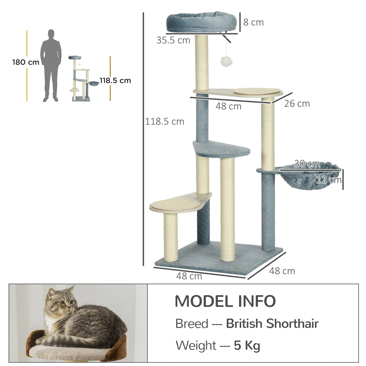 118.5cm Cat Tree Tower with Scratching Posts, Mats, Hammock, Bed, Toy Ball, PawHut,