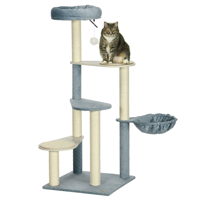 118.5cm Cat Tree Tower with Scratching Posts, Mats, Hammock, Bed, Toy Ball, PawHut,