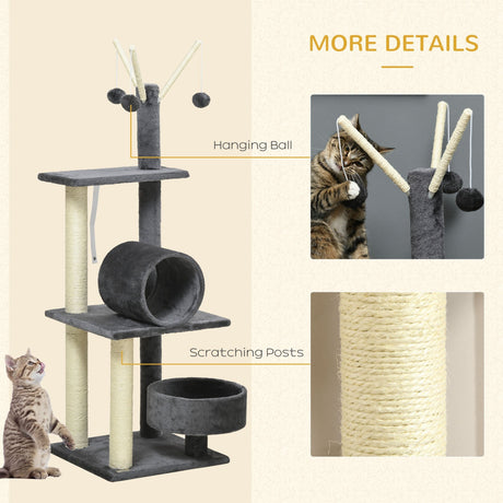 121cm Cat Tree Tower for Indoor Cats Kitten Activity Centre Scratching Post with Bed Tunnel Perch Interactive Ball Toy, PawHut, Dark Grey