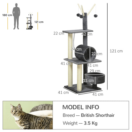 121cm Cat Tree Tower for Indoor Cats Kitten Activity Centre Scratching Post with Bed Tunnel Perch Interactive Ball Toy, PawHut, Dark Grey