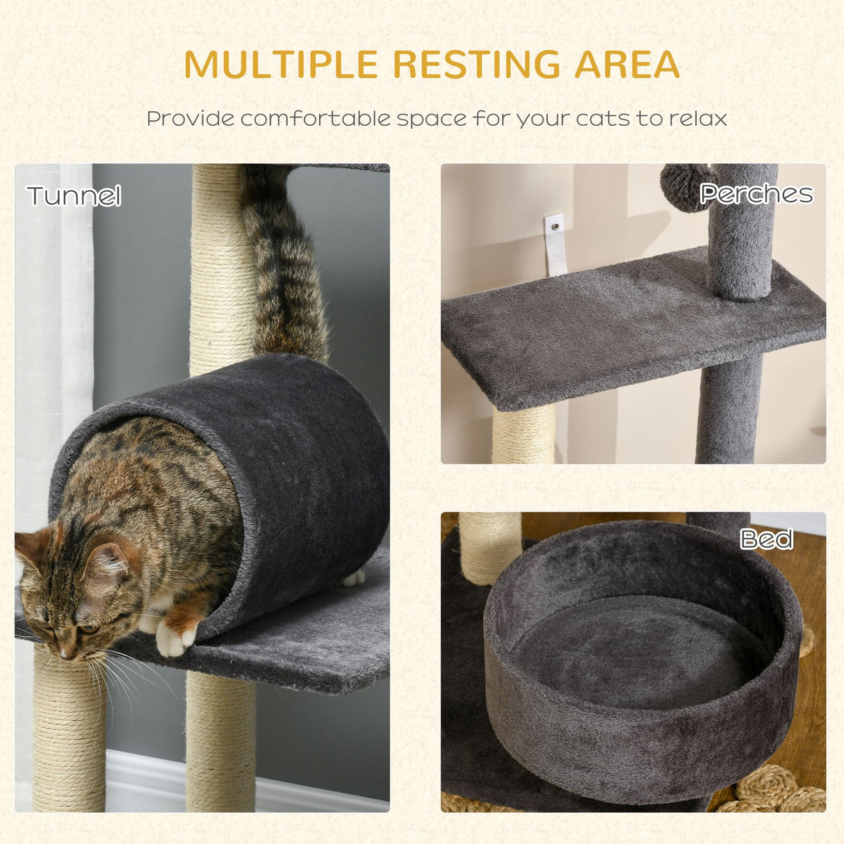 121cm Cat Tree Tower for Indoor Cats Kitten Activity Centre Scratching Post with Bed Tunnel Perch Interactive Ball Toy, PawHut, Dark Grey