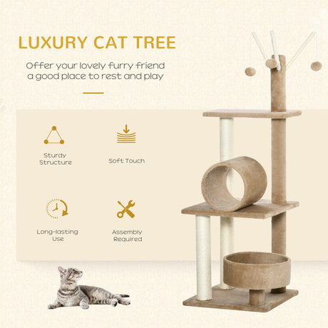 121cm Cat Tree Tower for Indoor Cats Kitten Activity Centre Scratching Post with Bed Tunnel Perch Interactive Ball Toy, PawHut, Light Brown