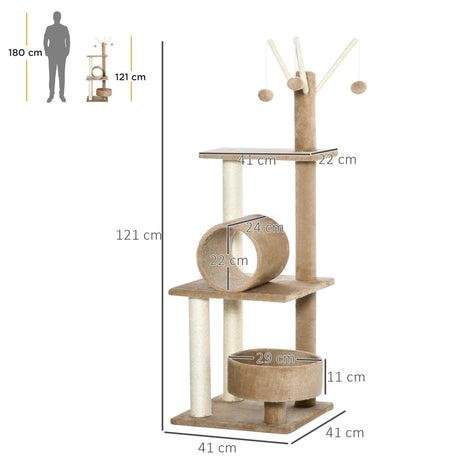 121cm Cat Tree Tower for Indoor Cats Kitten Activity Centre Scratching Post with Bed Tunnel Perch Interactive Ball Toy, PawHut, Light Brown