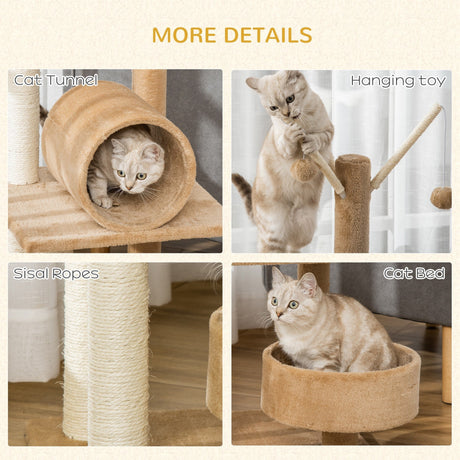 121cm Cat Tree Tower for Indoor Cats Kitten Activity Centre Scratching Post with Bed Tunnel Perch Interactive Ball Toy, PawHut, Light Brown