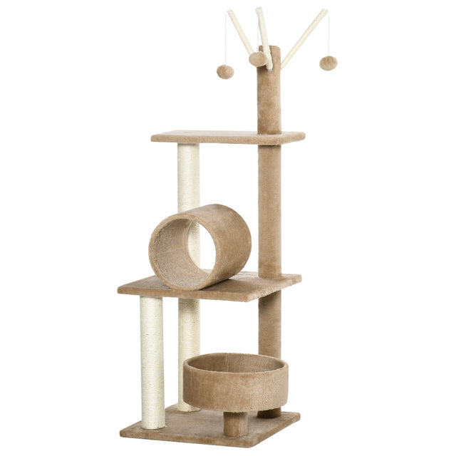 121cm Cat Tree Tower for Indoor Cats Kitten Activity Centre Scratching Post with Bed Tunnel Perch Interactive Ball Toy, PawHut, Light Brown