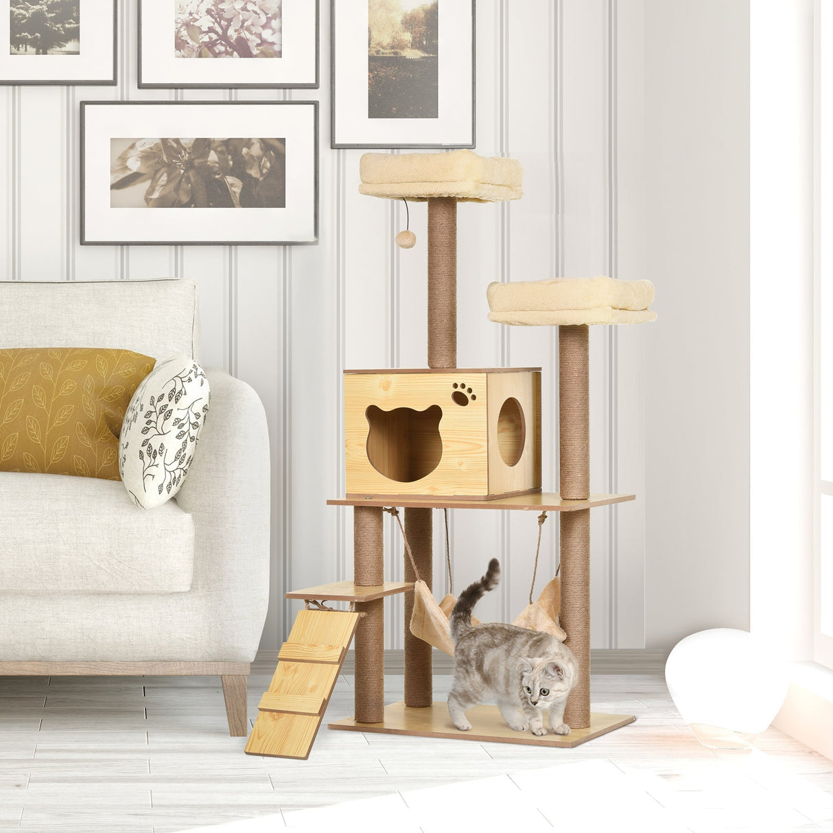 130cm Cat Tree for Indoor Cats, Multi-Level Plush Cat Tower, with Five Scratching Posts, Two Perches, Cat House, Hammock, PawHut,