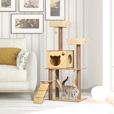 130cm Cat Tree for Indoor Cats, Multi-Level Plush Cat Tower, with Five Scratching Posts, Two Perches, Cat House, Hammock, PawHut,