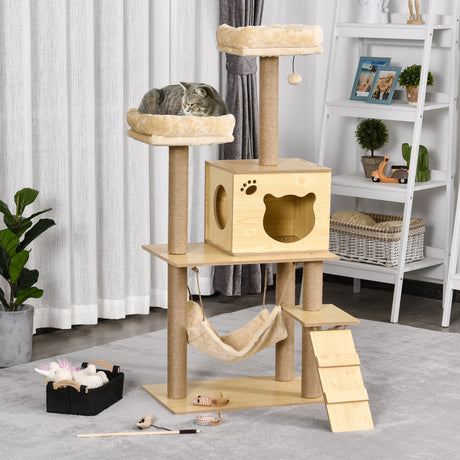 130cm Cat Tree for Indoor Cats, Multi-Level Plush Cat Tower, with Five Scratching Posts, Two Perches, Cat House, Hammock, PawHut,